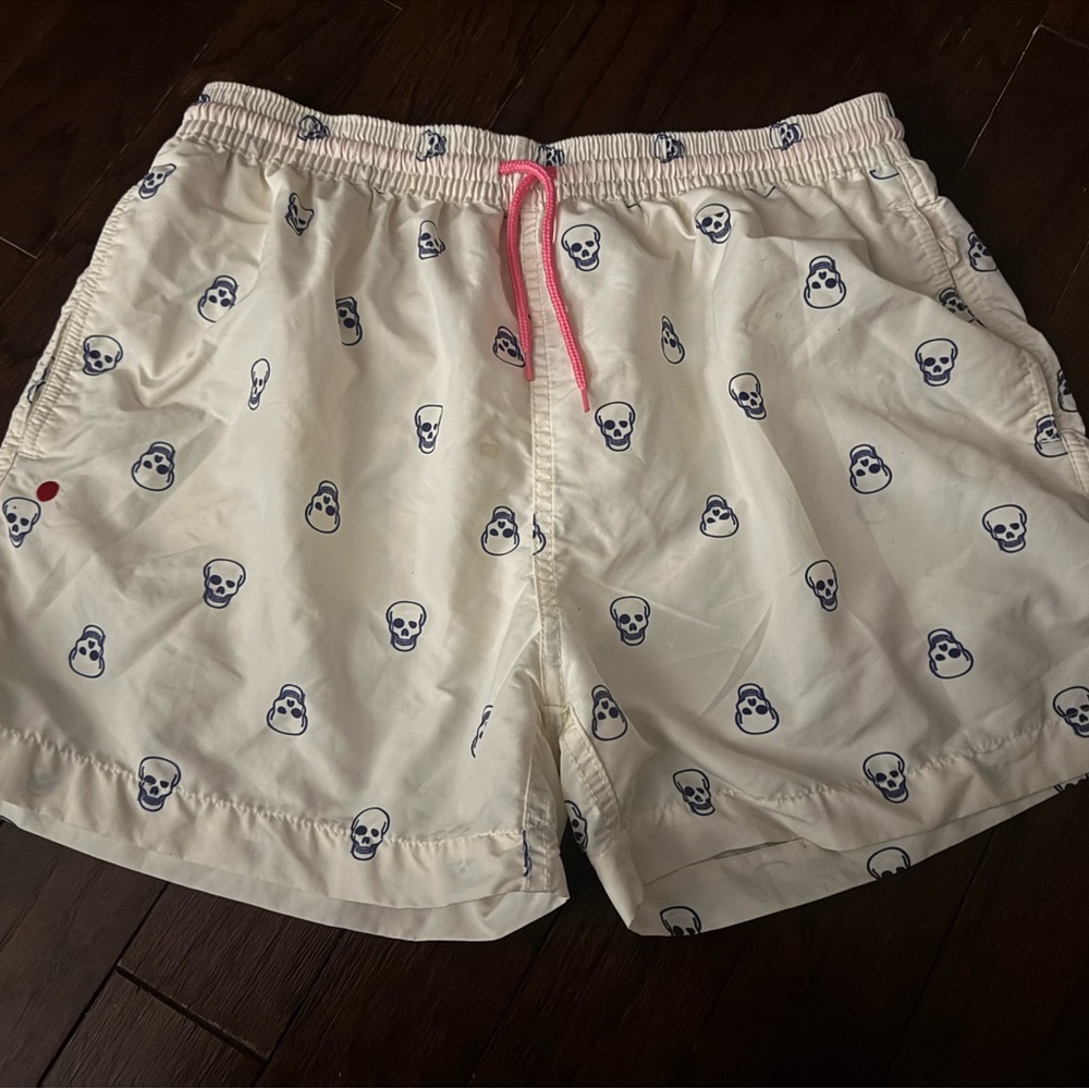 Men's Skull Print Swim Trunks - White with Pink Accents